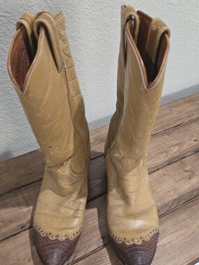 Tony Lama Two-Tone Western Lace-Up Boots in Mustard and Brown